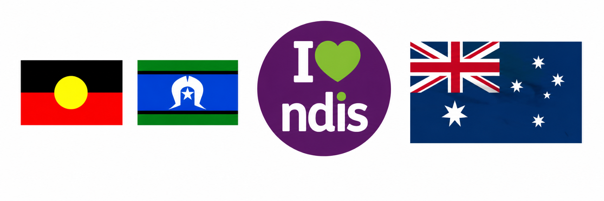 Aboriginal flag, Torres Strait Islander flag, I Heart NDIS, and Australian flag